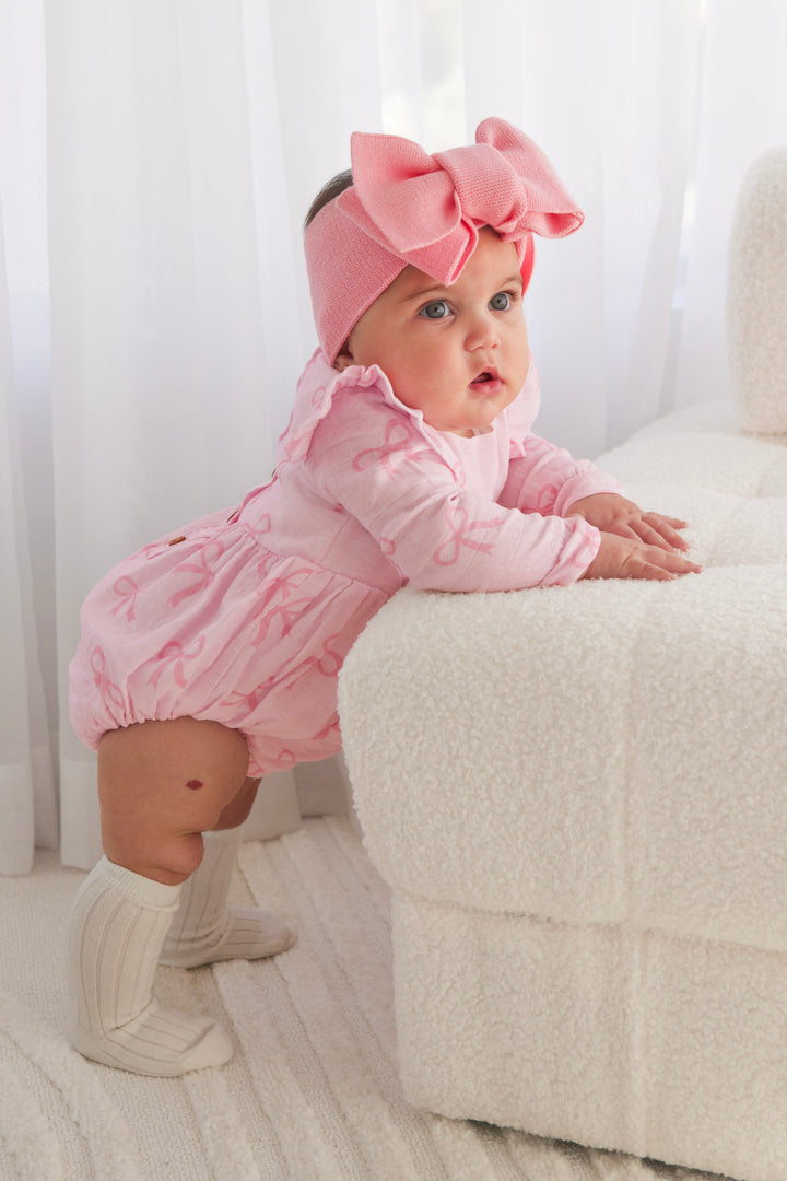 Muslin Frill Romper - Pink Bows