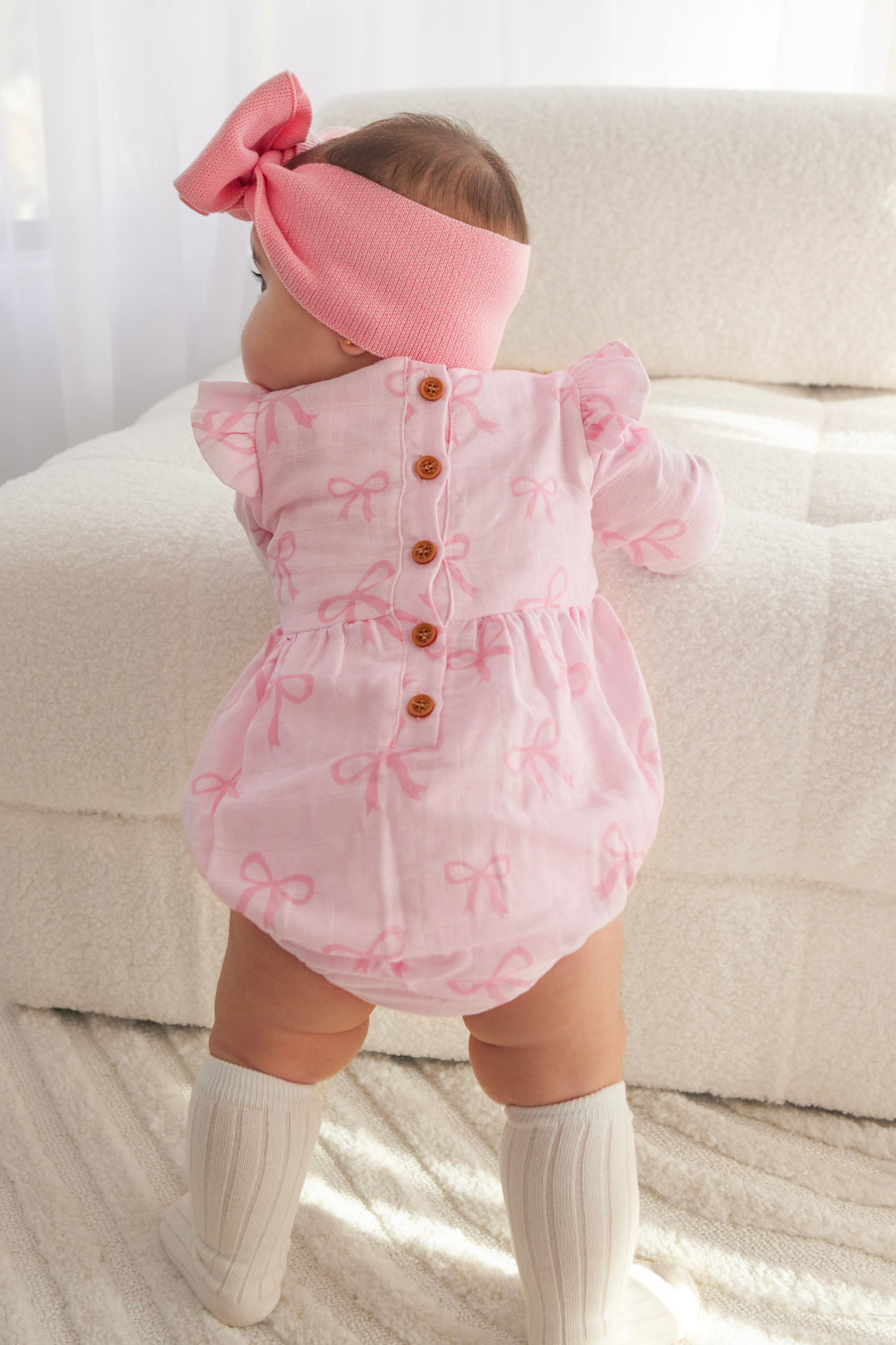 Muslin Frill Romper - Pink Bows