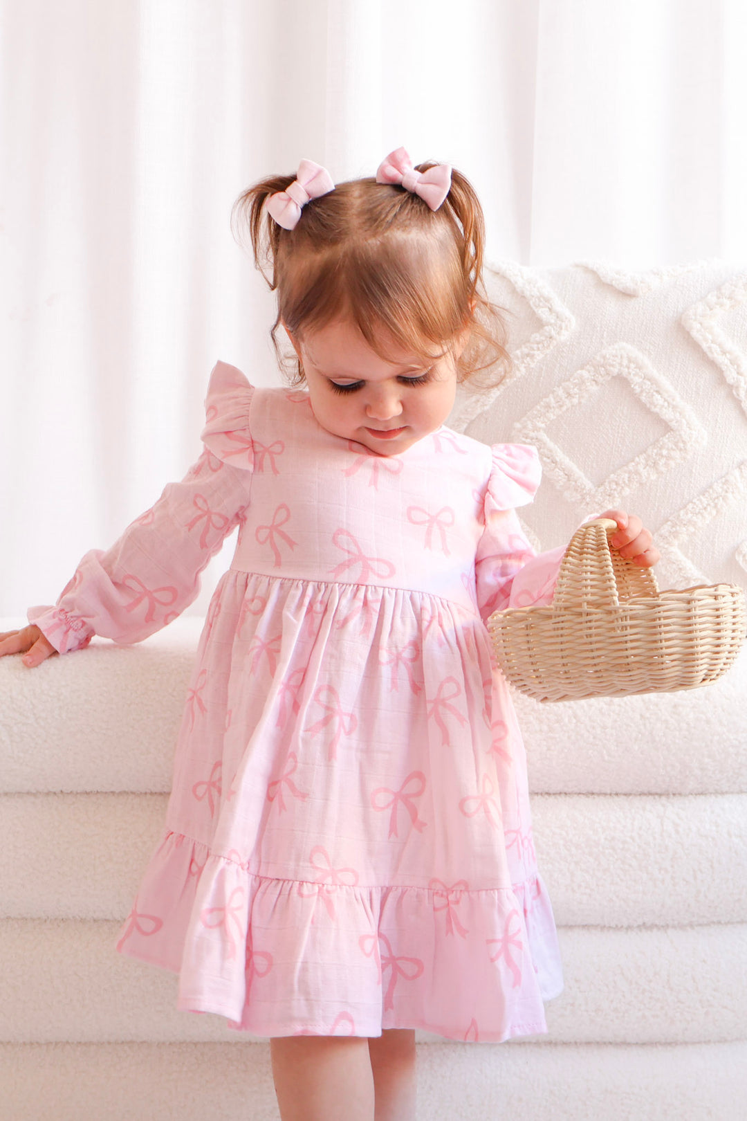 Muslin Ruffle Dress - Pink Bows