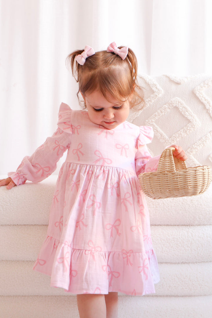 Muslin Ruffle Dress - Pink Bows