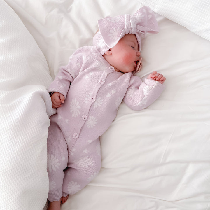 baby girls lilac blossom print knitted headwrap