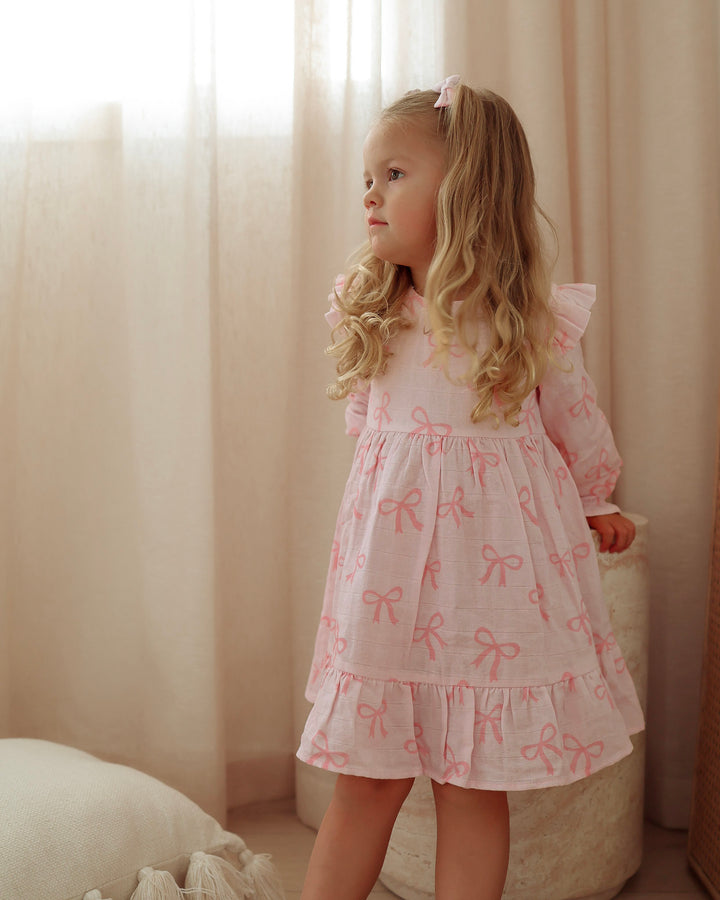 Muslin Ruffle Dress - Pink Bows