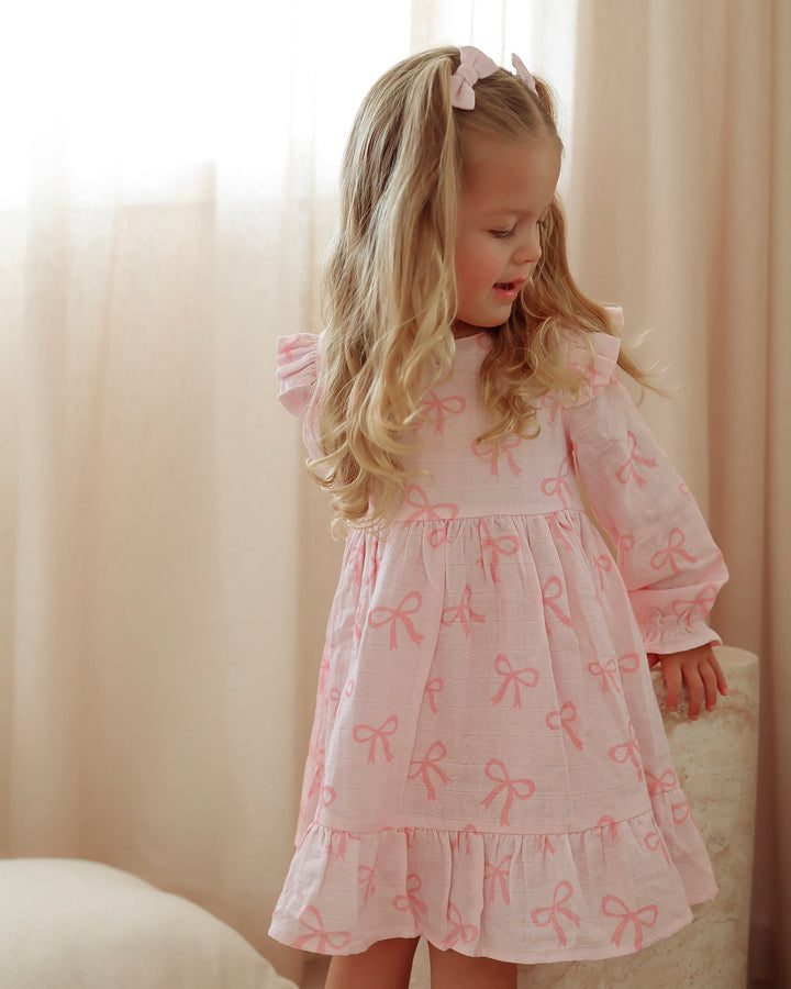 Muslin Ruffle Dress - Pink Bows