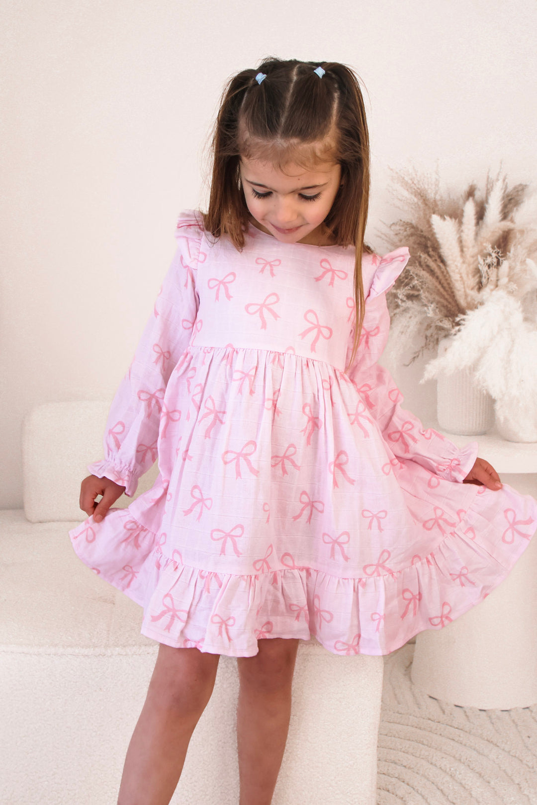 Muslin Ruffle Dress - Pink Bows