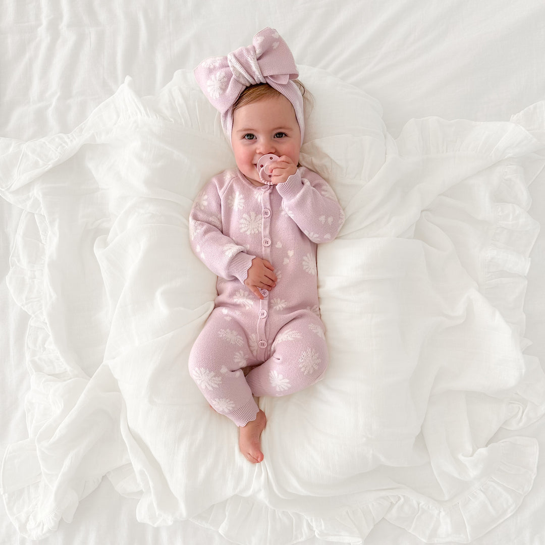 baby girls lilac blossom print knitted headwrap
