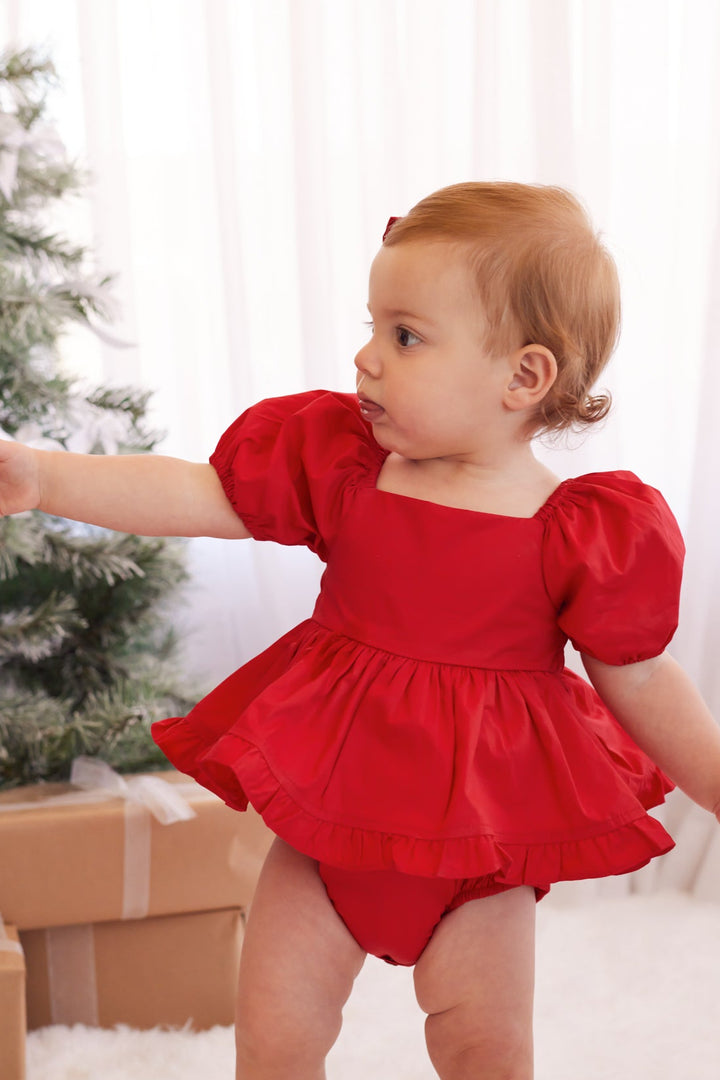 Puff Sleeve Romper - Red