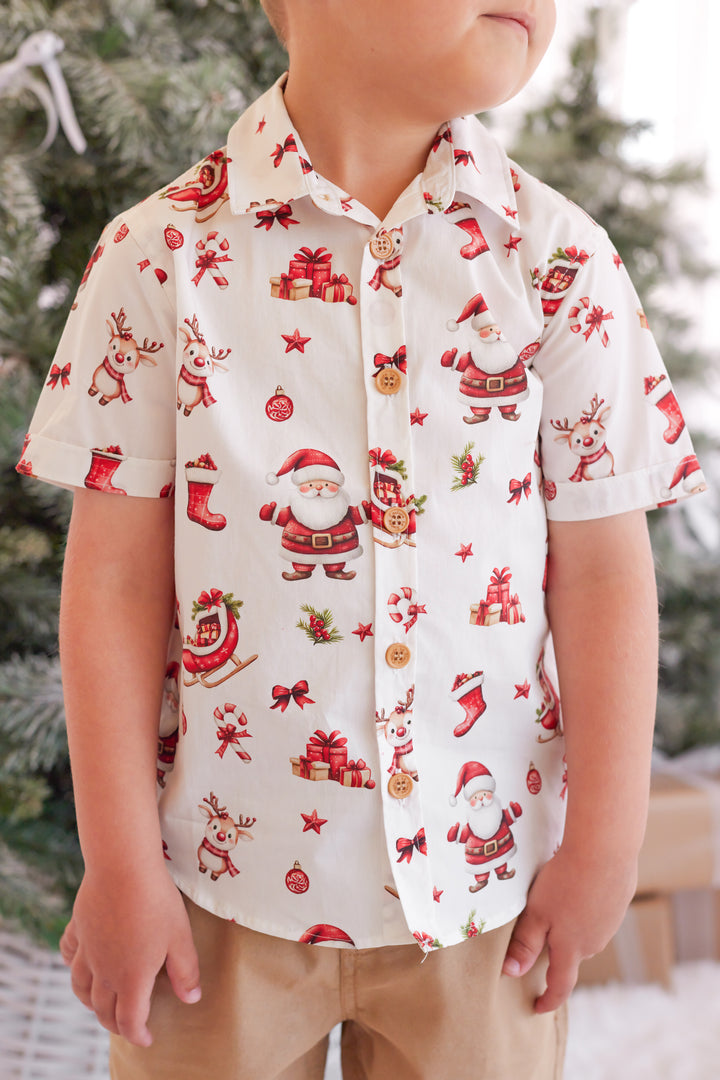 Button Up Shirt - Here Comes Santa Claus