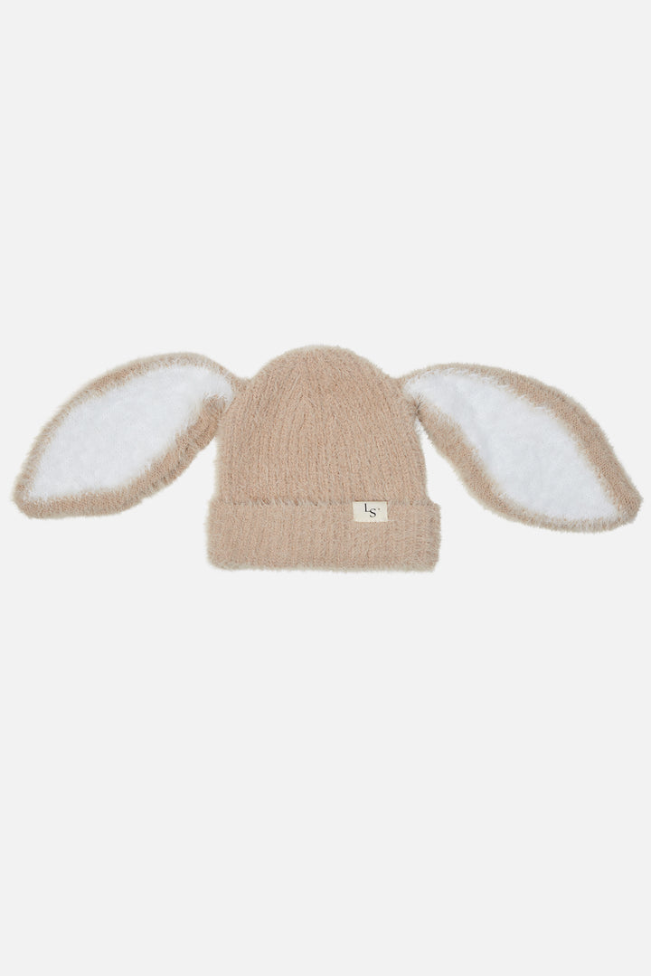 Bunny Fluffy Knitted Beanie - Oatmeal