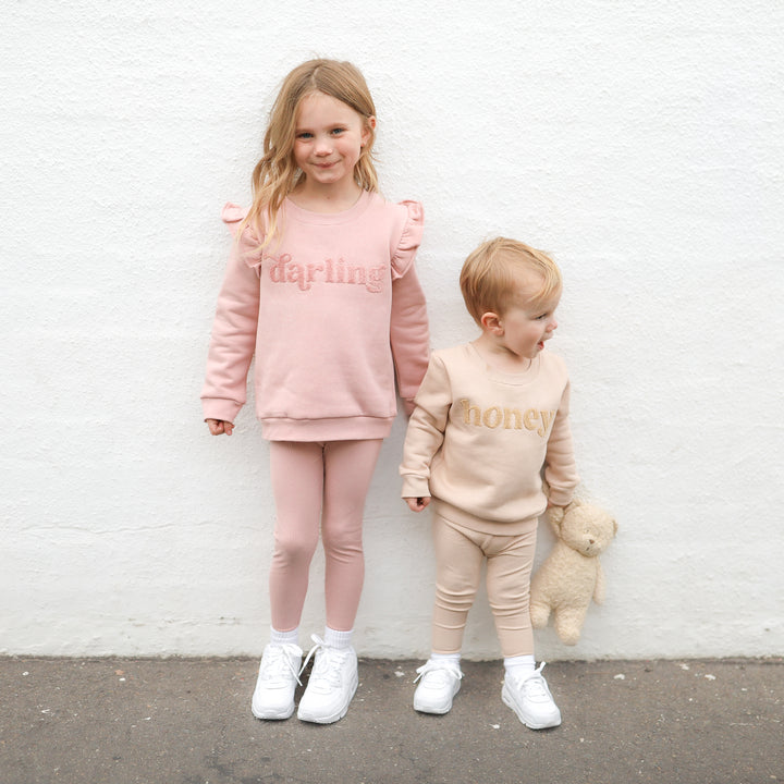 kids unisex oatmeal jumper with honey text