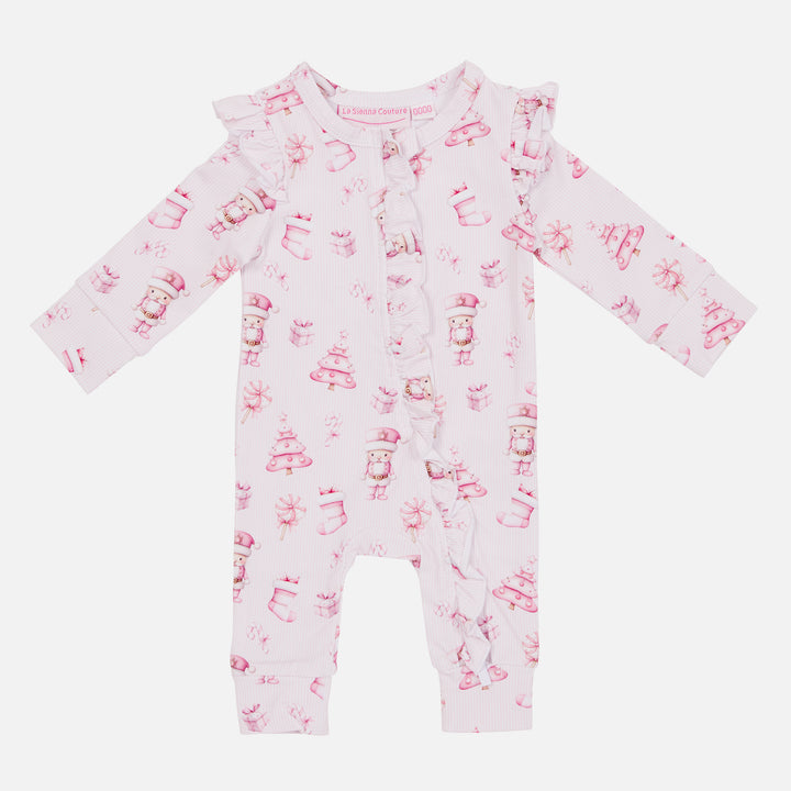 LS Frill Zip Romper - Pink Nutcracker