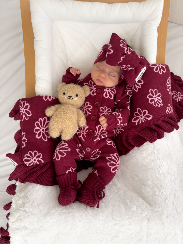 Knitted Sherpa Blanket - Merlot Bloom