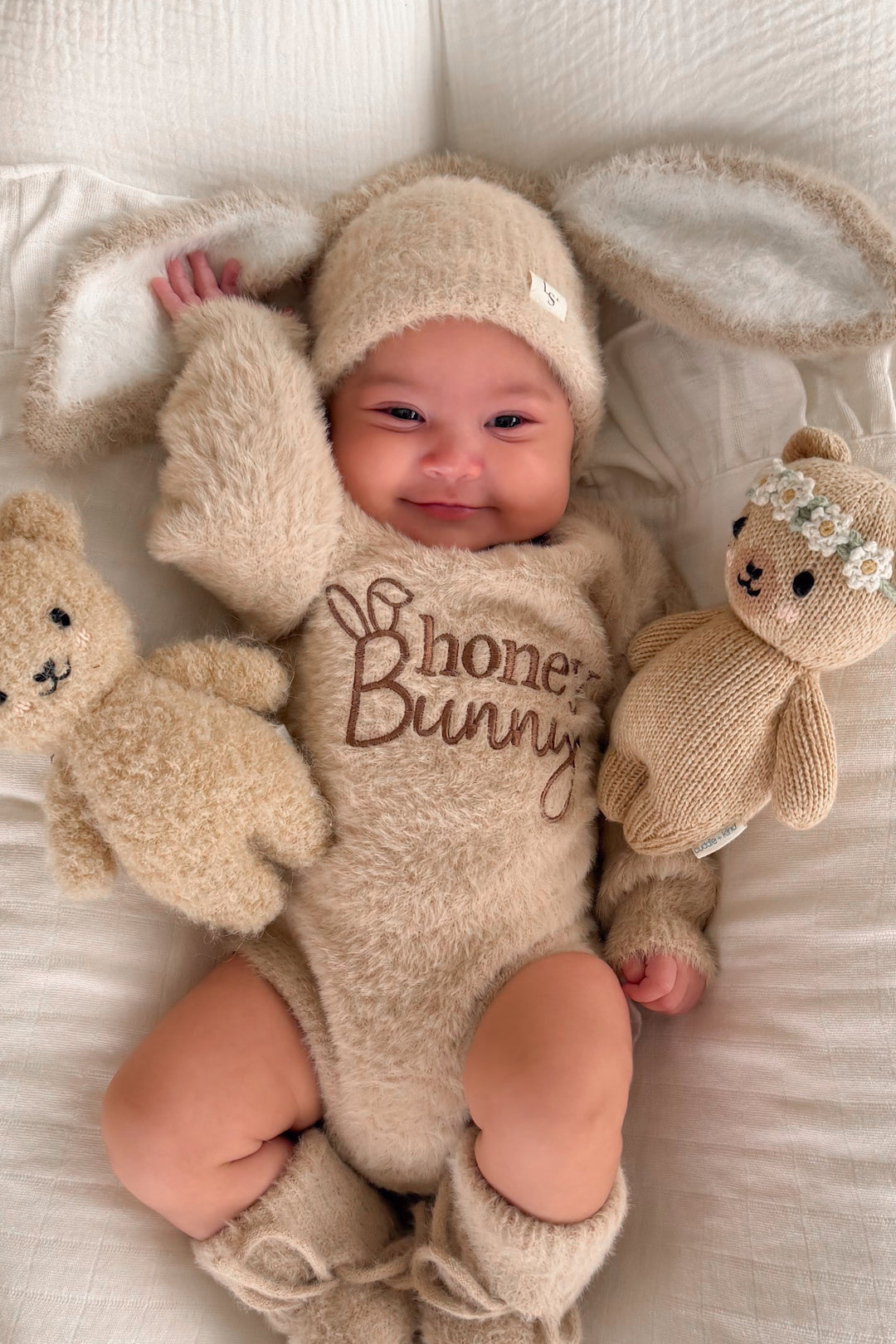 Bunny Fluffy Knitted Beanie - Oatmeal