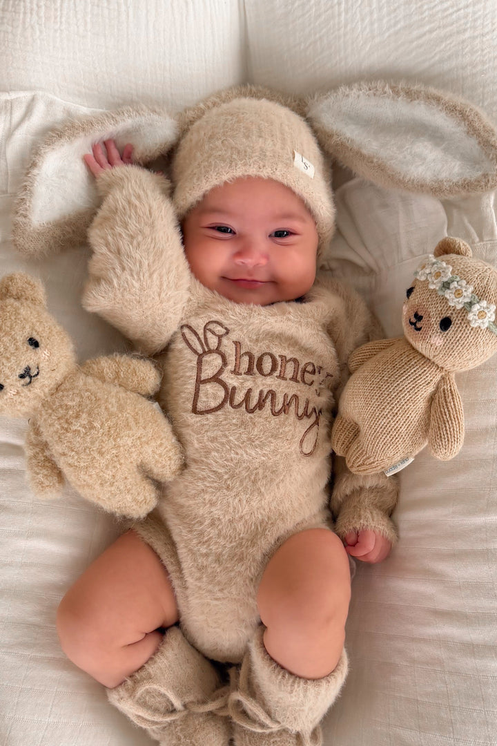 Bunny Fluffy Knitted Beanie - Oatmeal