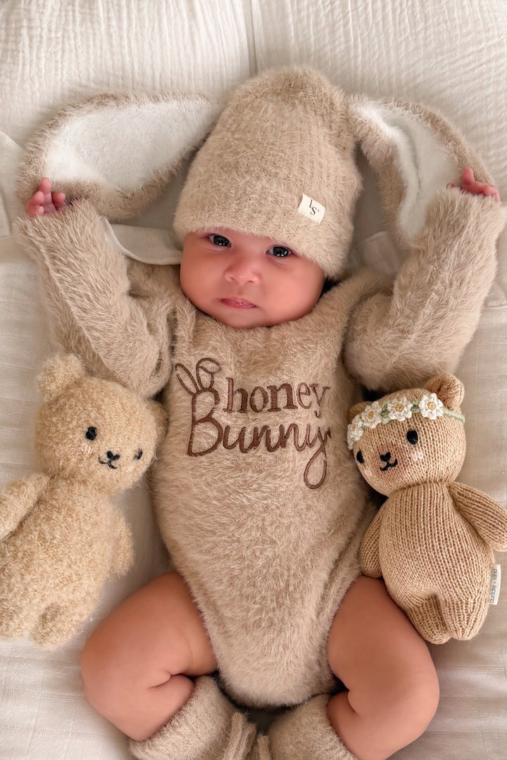 Bunny Fluffy Knitted Beanie - Oatmeal