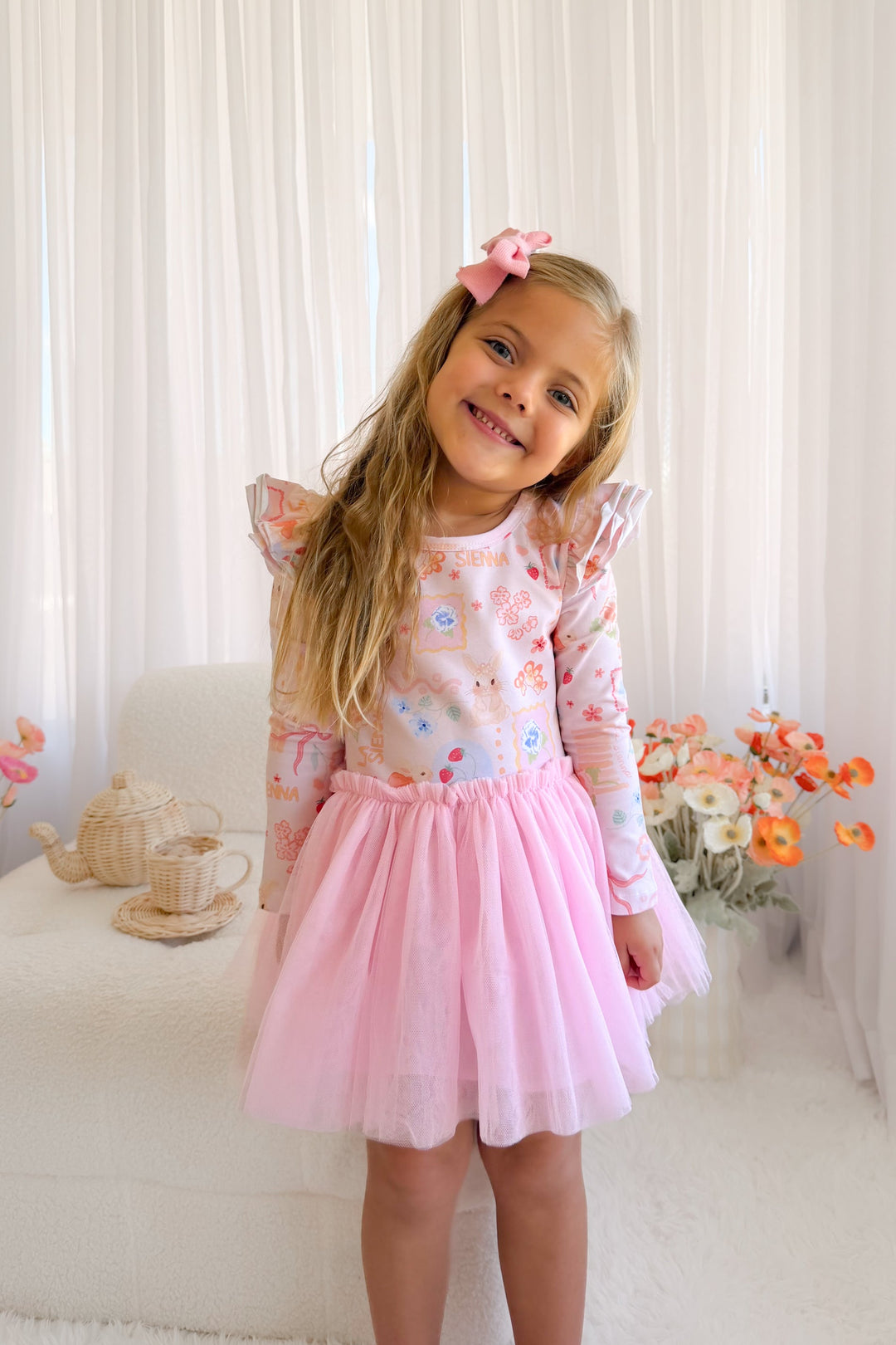Long Sleeve Tutu Dress - Pink Easter Picnic