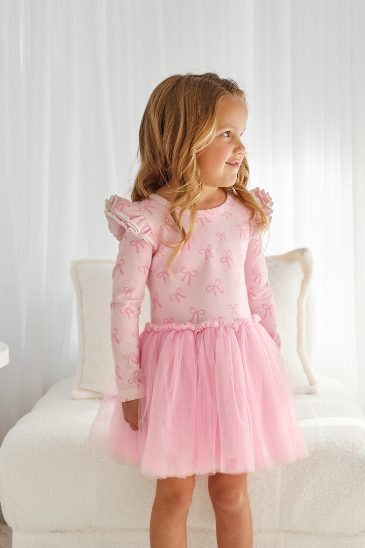 Long Sleeve Tutu Dress - Pink Bows