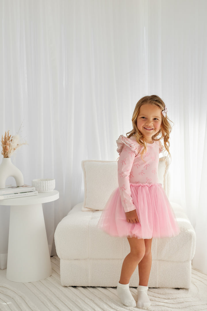 Long Sleeve Tutu Dress - Pink Bows