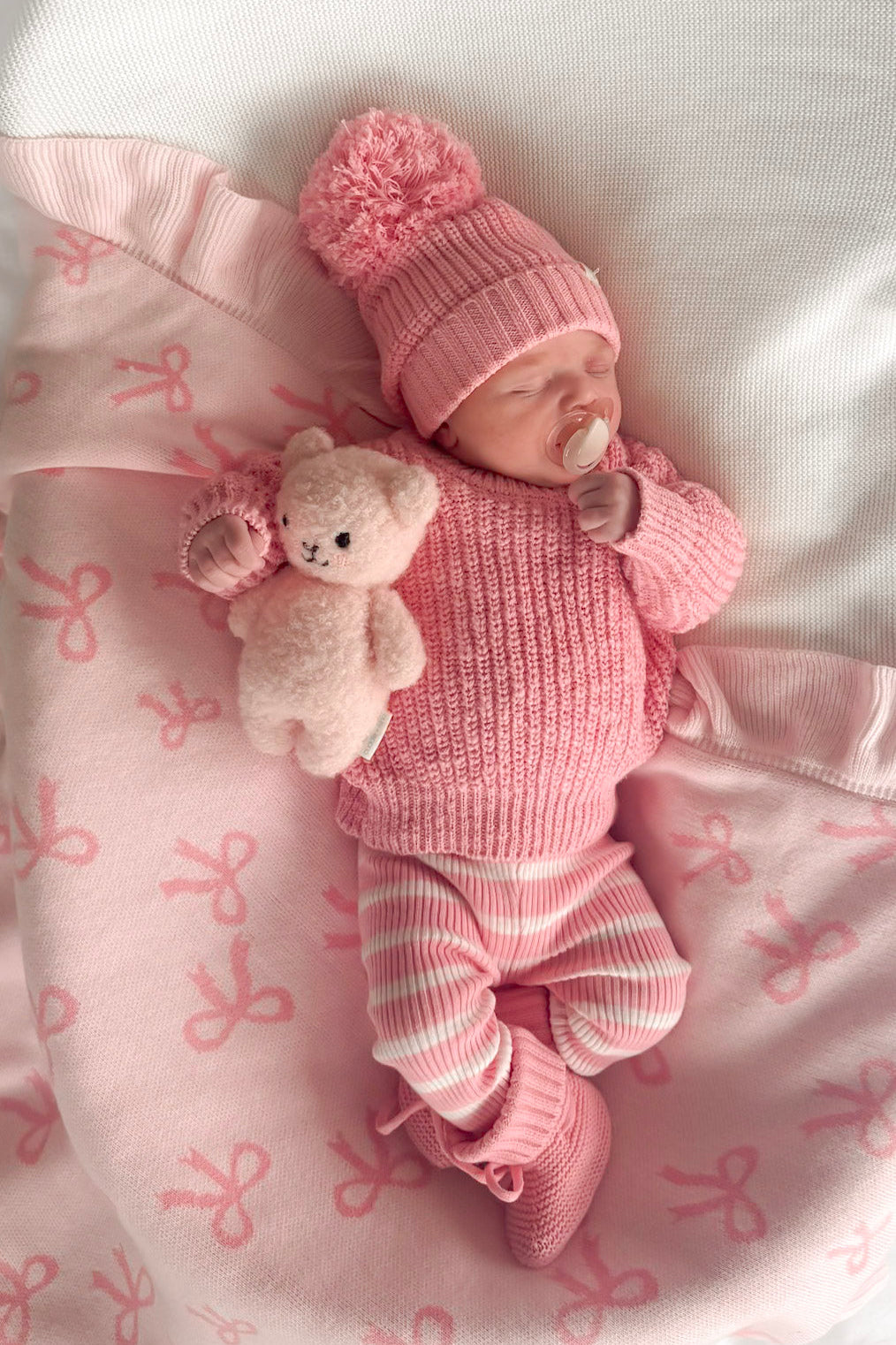 Knitted Sherpa Blanket - Pink Bows