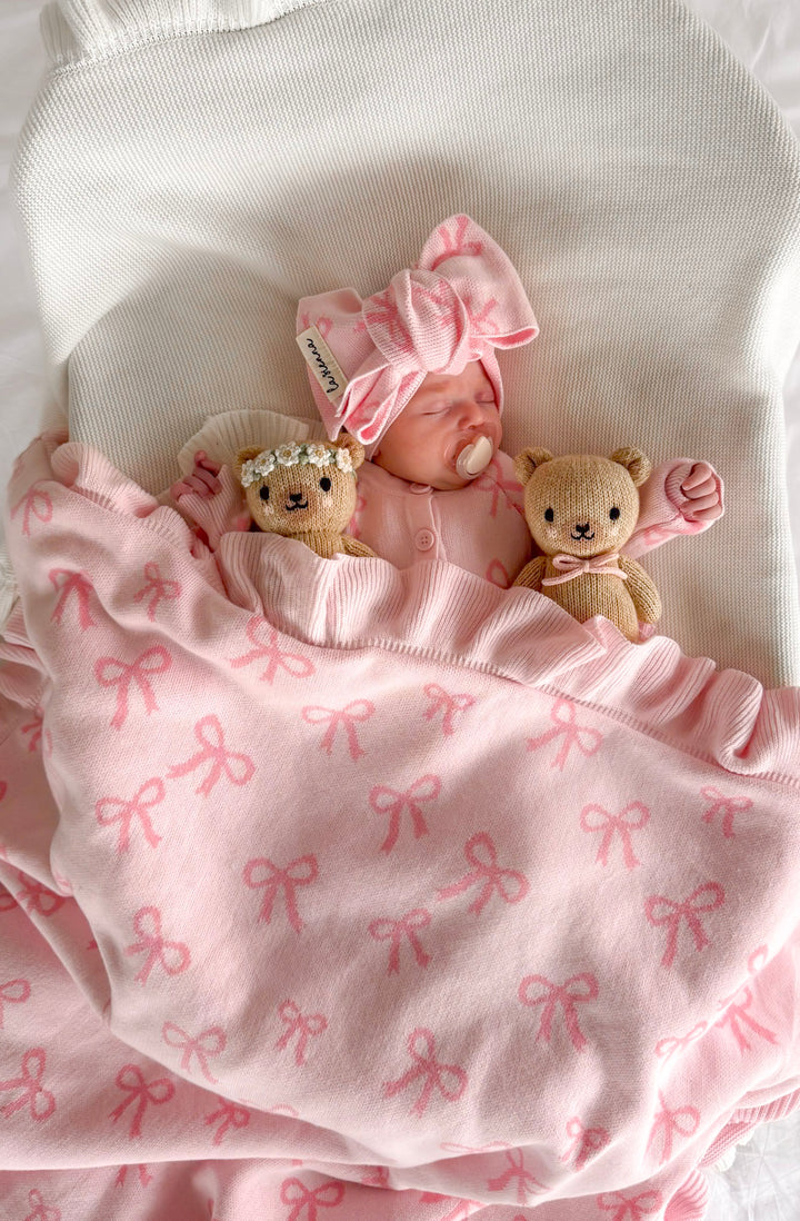 Knitted Sherpa Blanket - Pink Bows