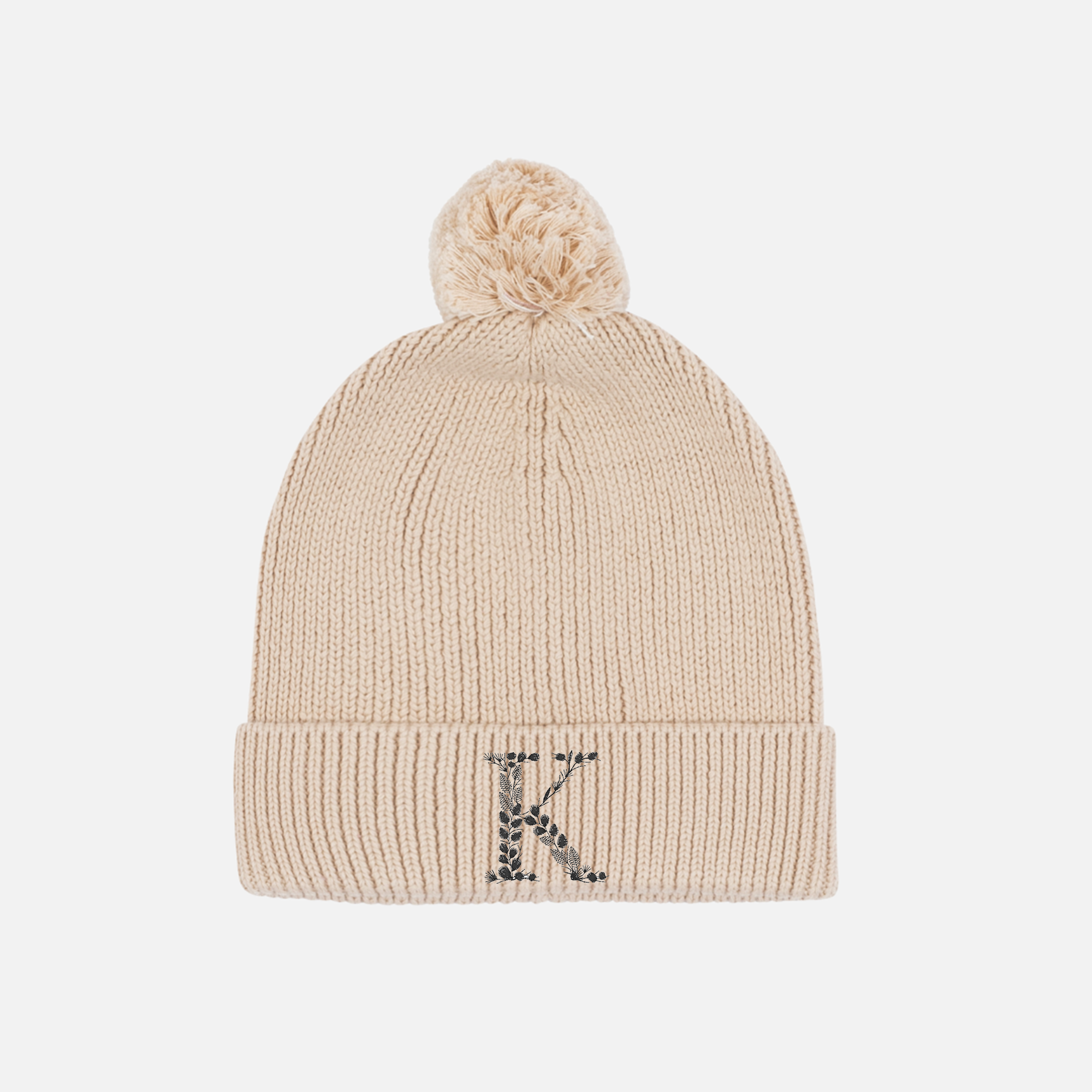 Embroidered Knitted Beanie - Oatmeal
