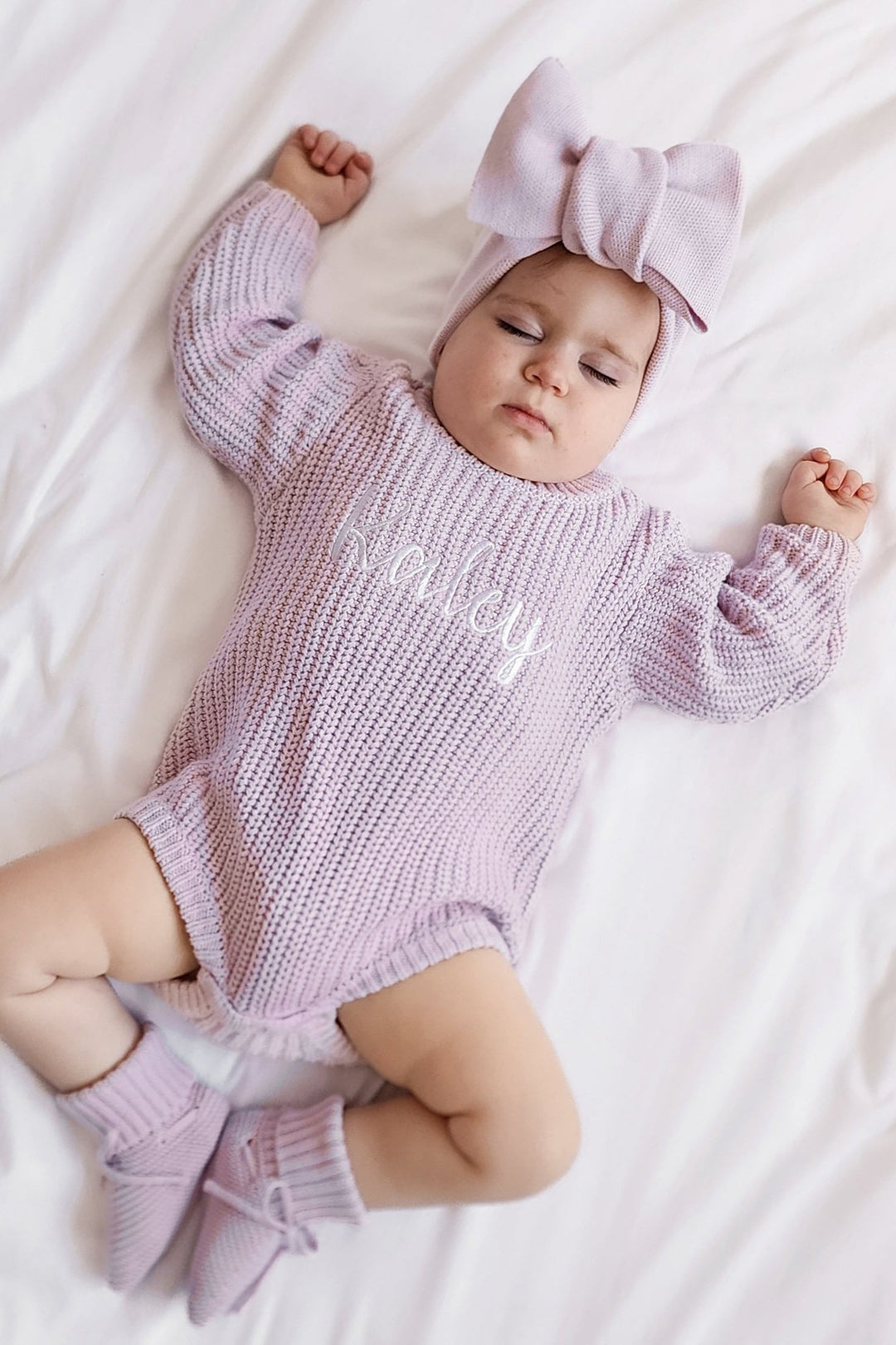 baby girls personalised embroidered lilac knitted long sleeve romper