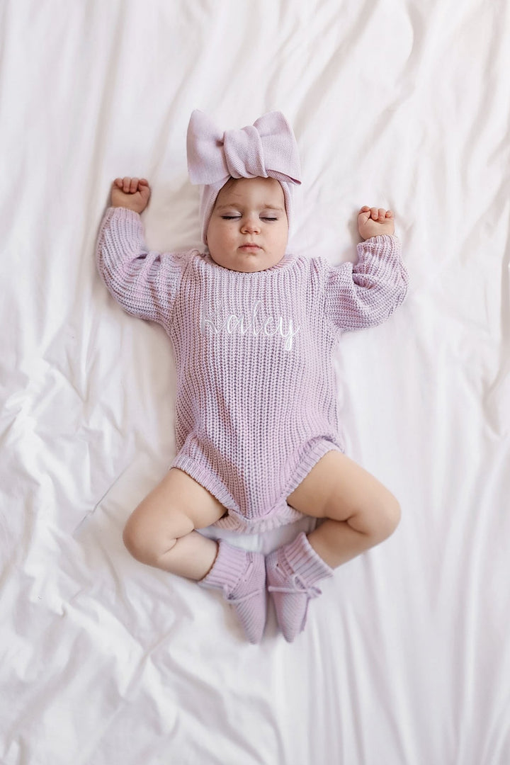 baby girls embroidered personalised lilac knitted long sleeve romper