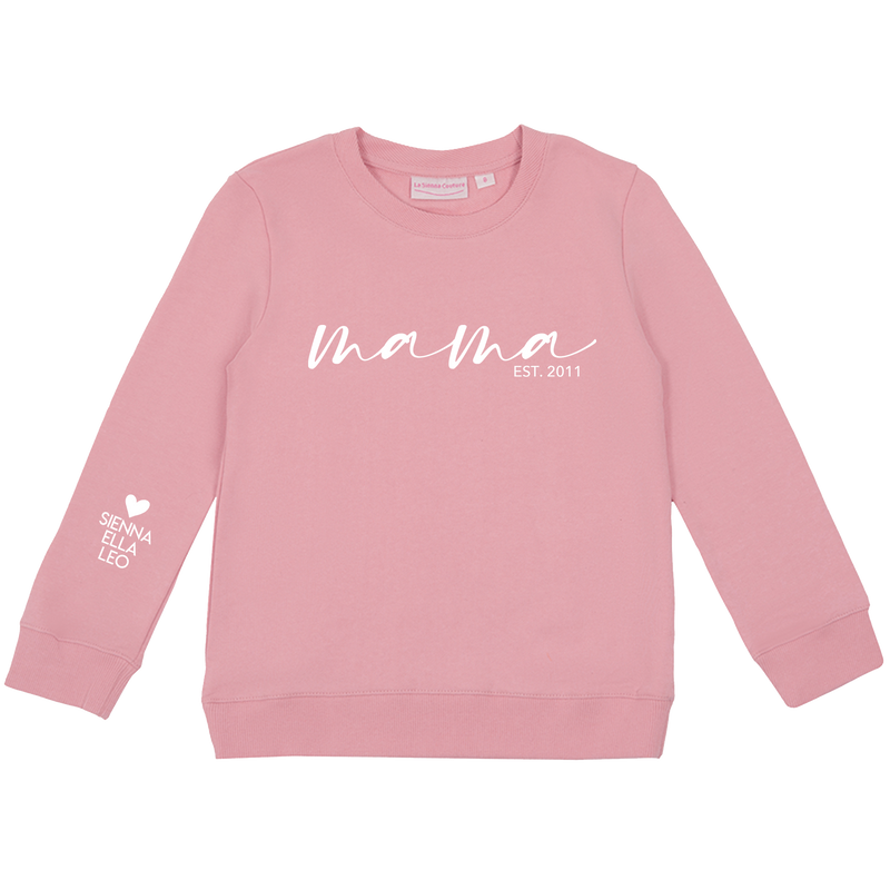 Personalised Mummy Crew Neck - Mama W/ Names on Sleeve - Pink