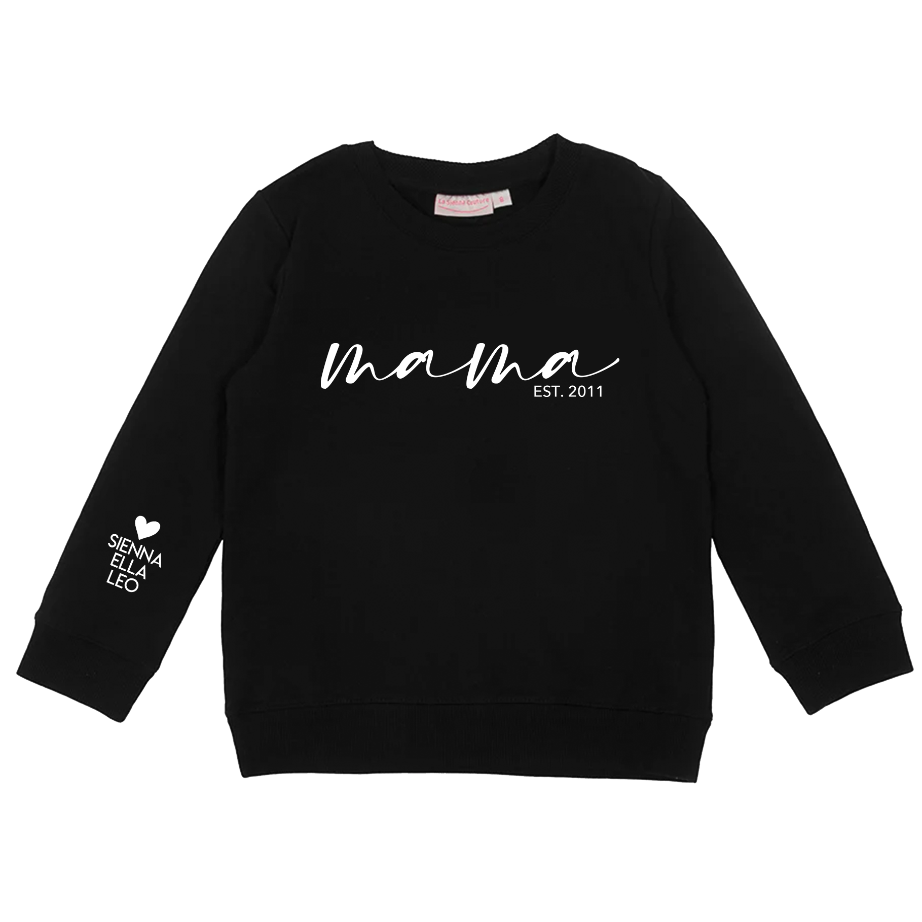 Personalised Mummy Crew Neck - Mama W/ Names on Sleeve - Black