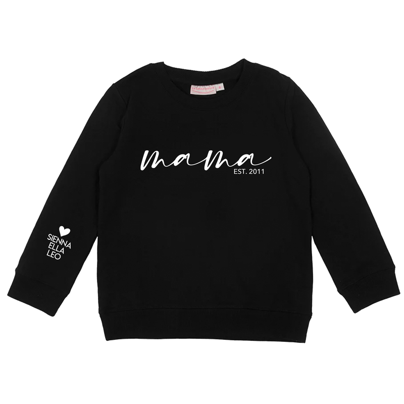 Personalised Mummy Crew Neck - Mama W/ Names on Sleeve - Black