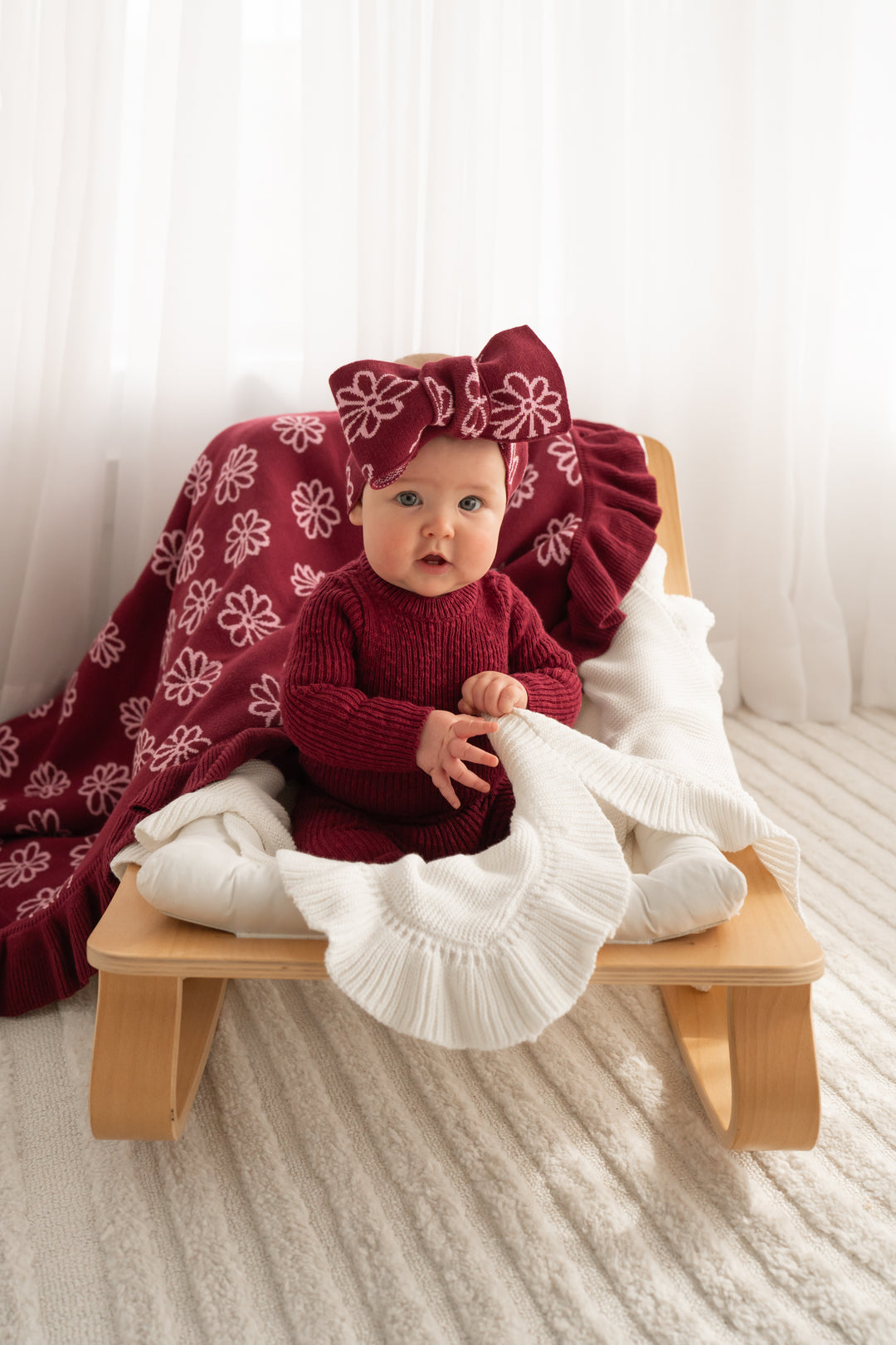 Knitted Sherpa Blanket - Merlot Bloom