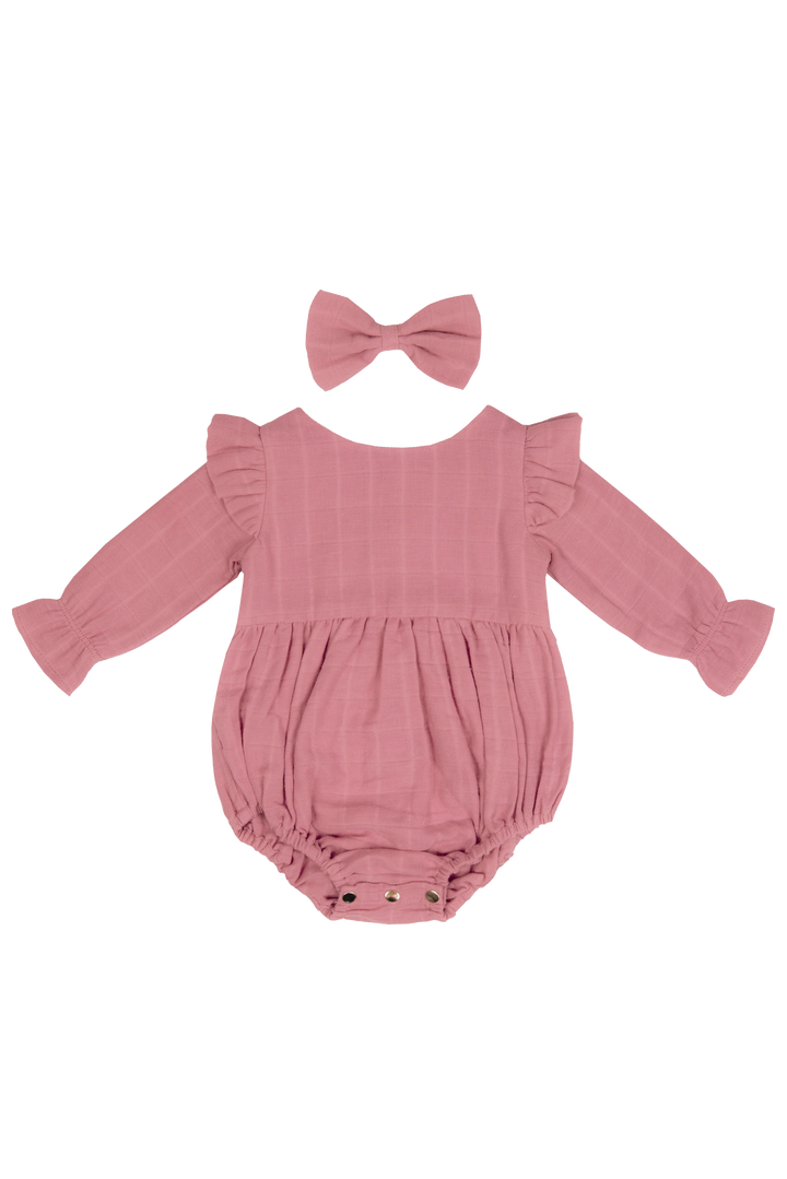 Muslin LS Bubble Romper - Cinder-Rose