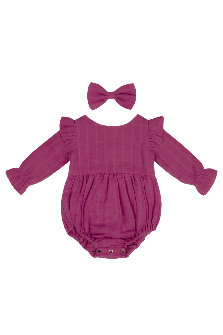 Muslin LS Bubble Romper - Wine Coulis