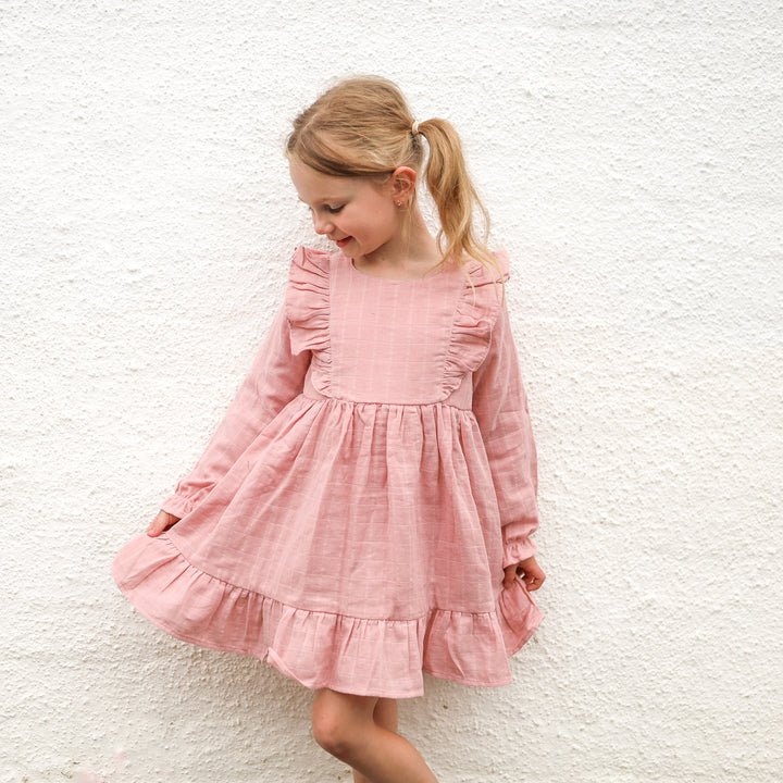 girl rosewood long sleeve muslin dress with frill