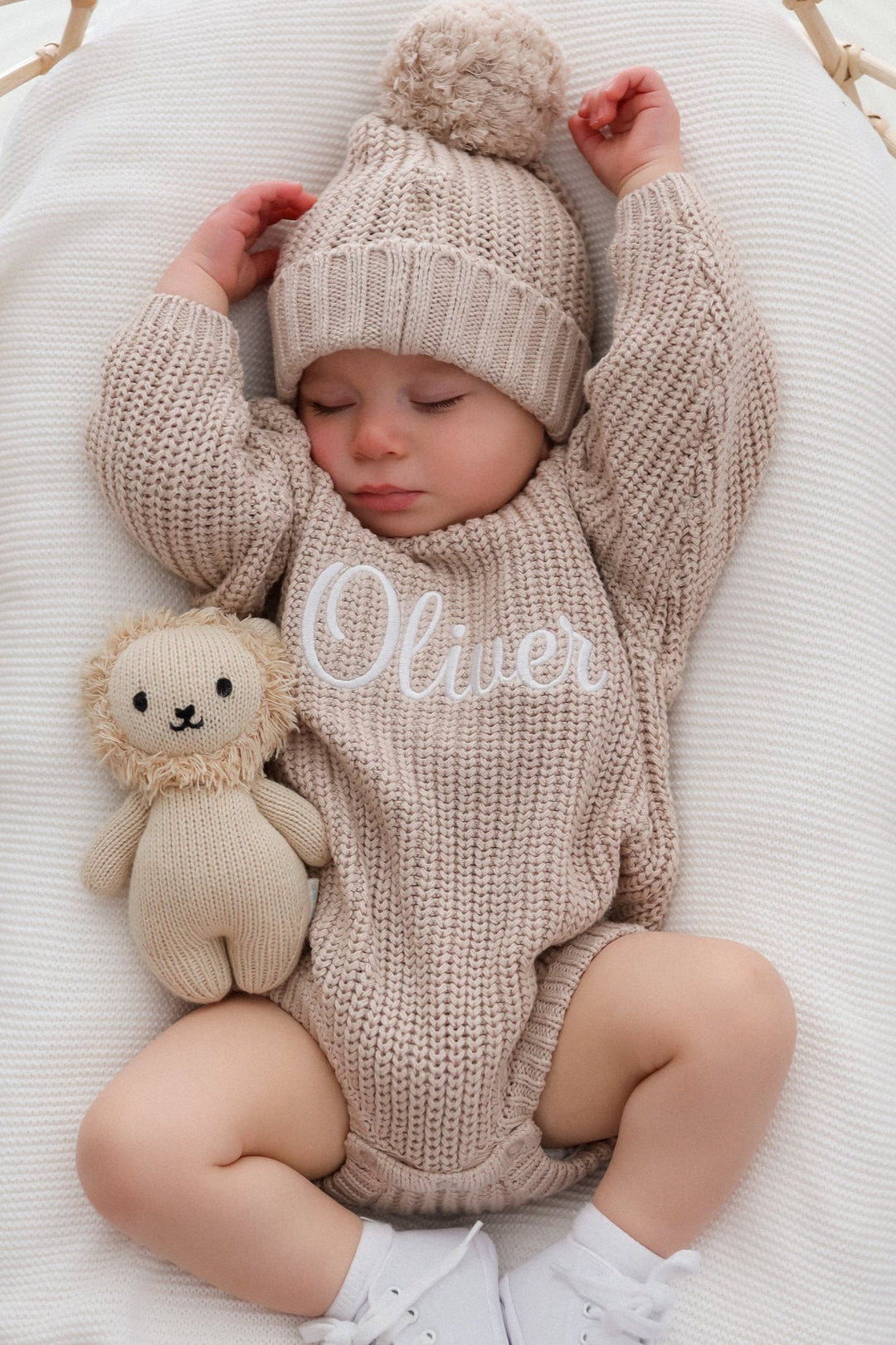baby personalised embroidered oat knitted long sleeve romper