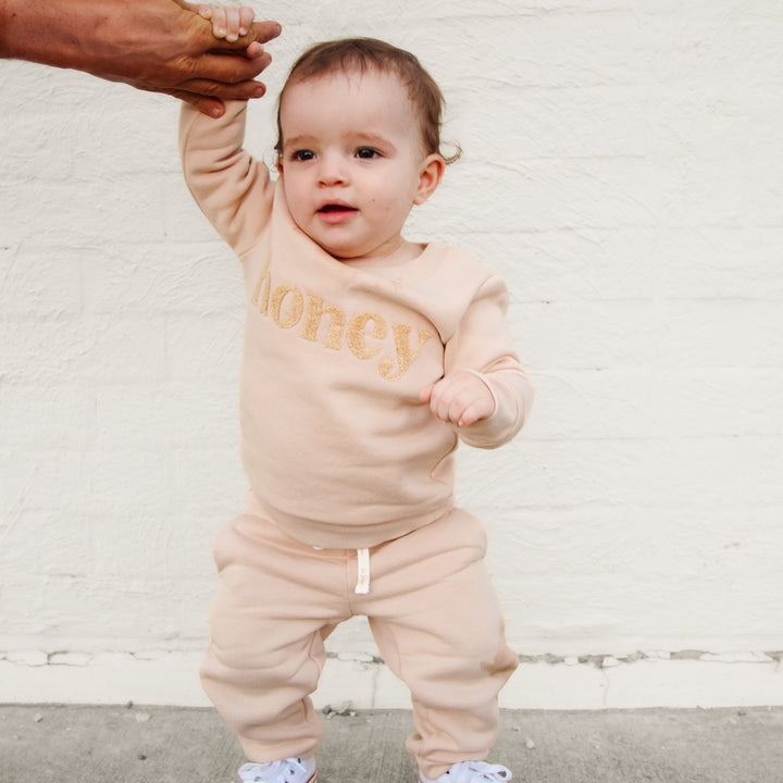 kids unisex oatmeal jumper with honey text