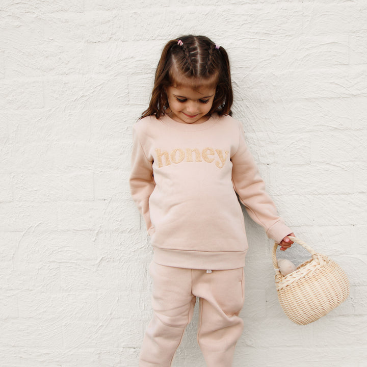 kids unisex oatmeal jumper with honey text