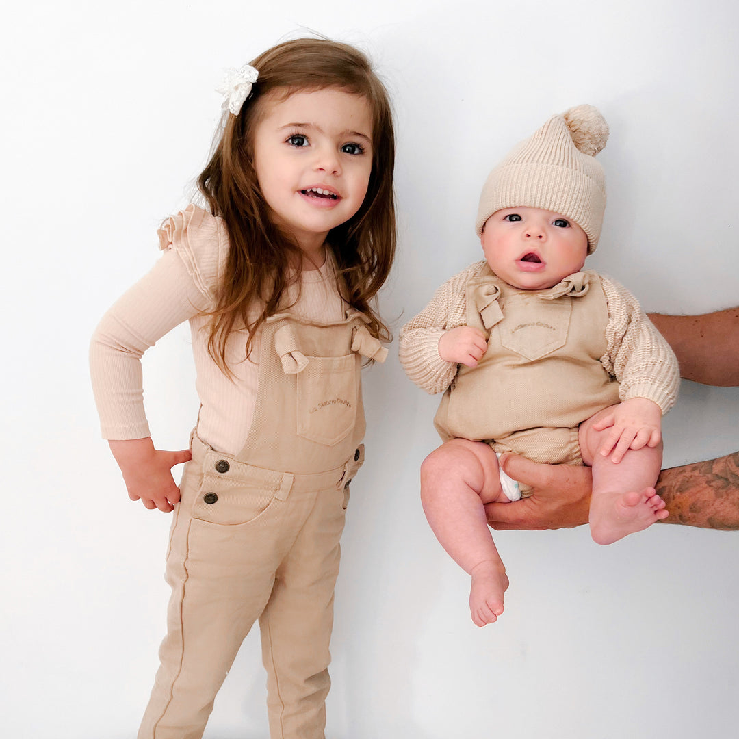 Toddler girls oatmeal overalls