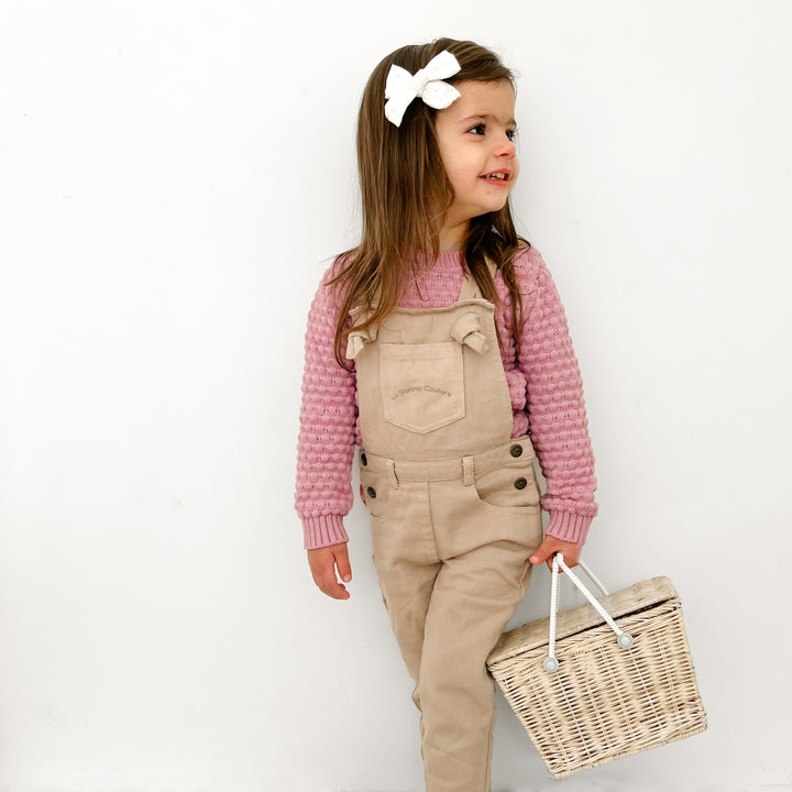 Toddler girls oatmeal overalls