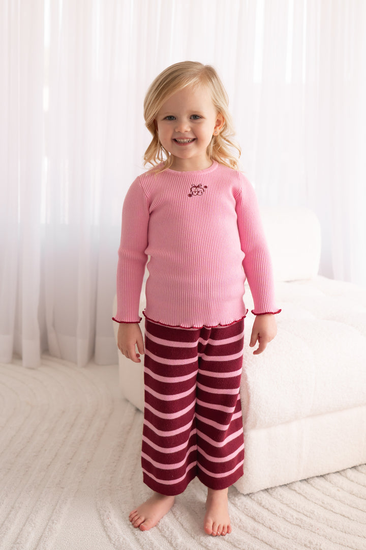 Knitted Wide Leg Pants - Merlot Stripe