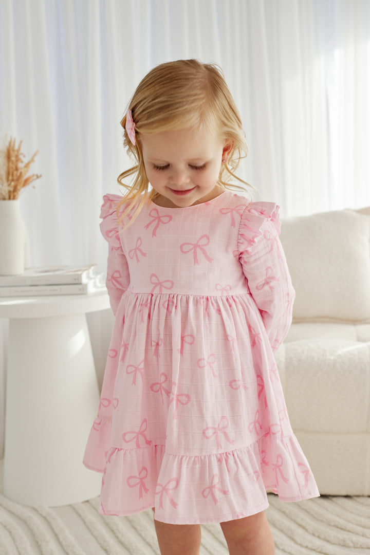 Muslin Ruffle Dress - Pink Bows