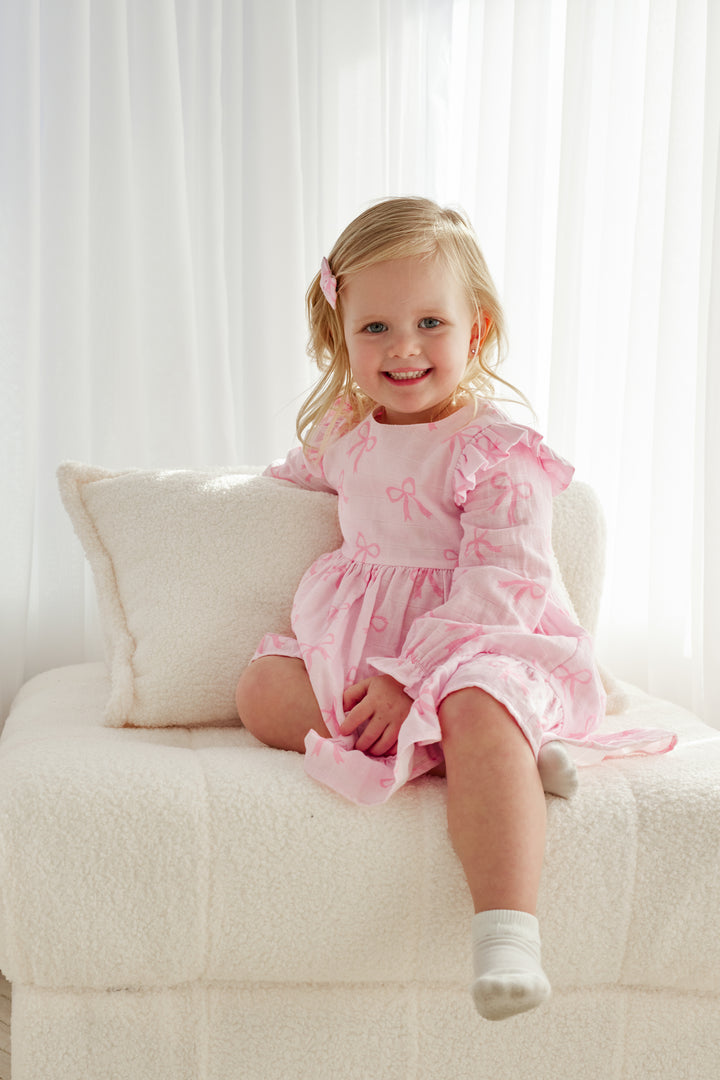 Muslin Ruffle Dress - Pink Bows