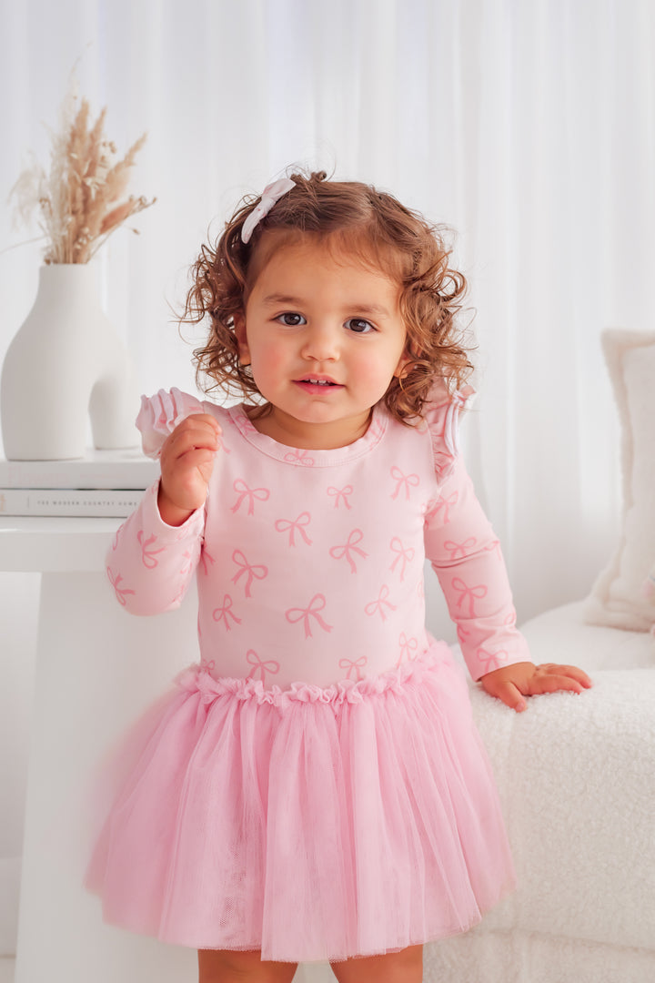Long Sleeve Tutu Dress - Pink Bows