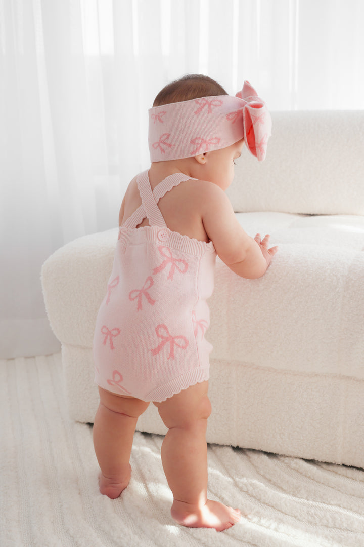 Classic Knitted Romper - Pink Bows