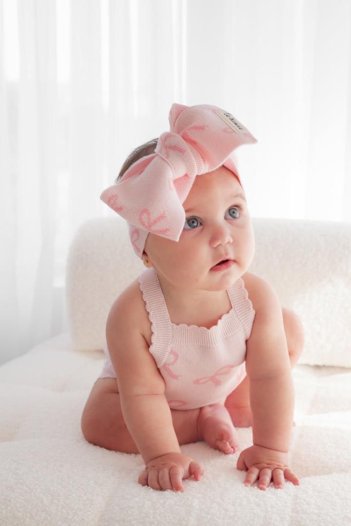 Classic Knitted Romper - Pink Bows
