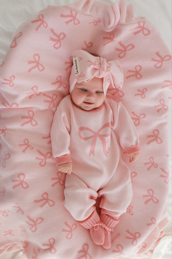 Knitted Sherpa Blanket - Pink Bows