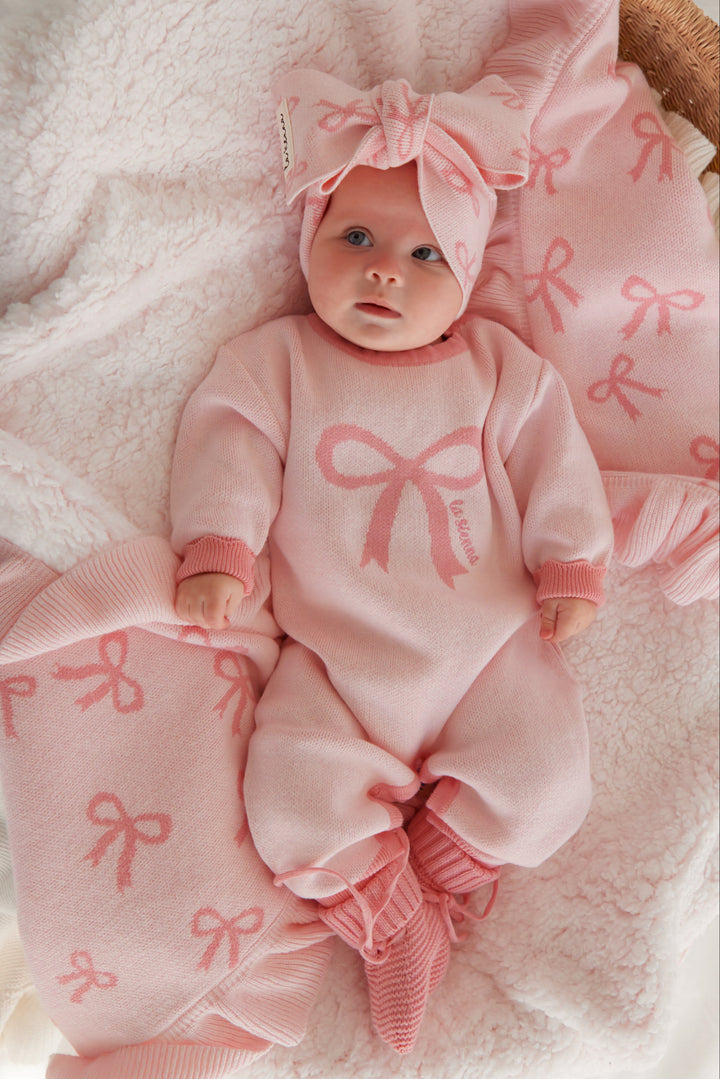 Knitted Sherpa Blanket - Pink Bows