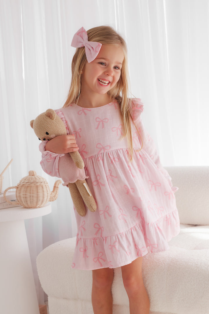 Muslin Ruffle Dress - Pink Bows