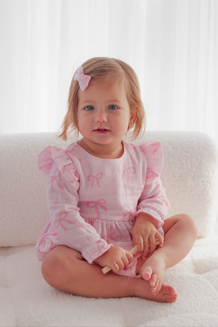 Muslin Frill Romper - Pink Bows