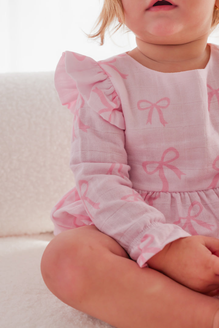 Muslin Frill Romper - Pink Bows