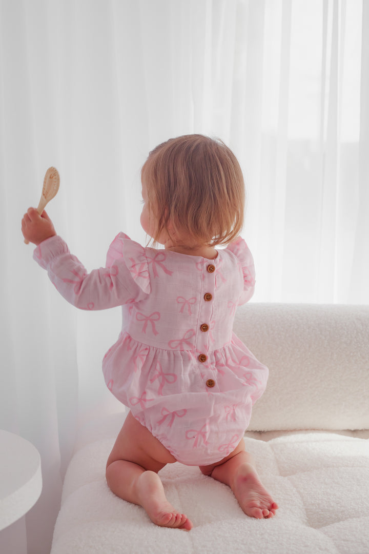 Muslin Frill Romper - Pink Bows